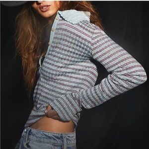 Free People Striped Long Sleeve Henley Top
